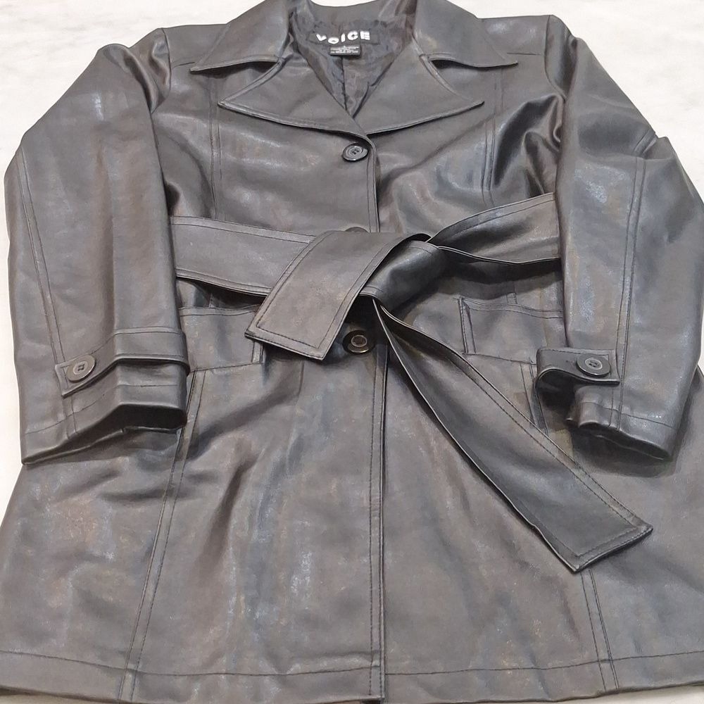 Faux Black Leather Fitted Trench Coat Tie Waist Medium to‎ Large Voice 90s vibe